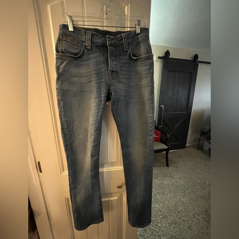 Nudie Jeans Men's Faded Blue Straight Jeans, 31 x 32